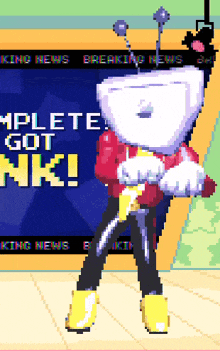 a cartoon character is standing in front of a screen that says complete got nk