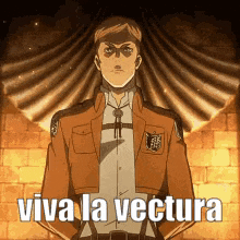 a man in a brown jacket is standing in front of a brick wall with the words `` viva la vecura '' written on it .