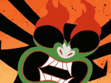a cartoon character with a green face and red eyes and fangs