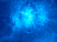 a yellow background with blue bubbles and a glowing object in the middle