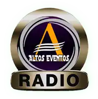 a logo for altos eventos radio with a purple and gold circle