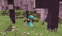 a person in a minecraft video game is walking through a field of grass and flowers .