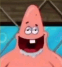 patrick star from spongebob squarepants is smiling with his mouth wide open and his teeth showing .