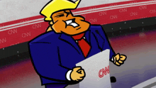 a cartoon of donald trump holding a piece of paper that says cnn on it