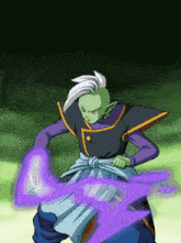 a cartoon character with a green head and white hair is holding a purple beam