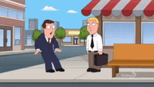 two men are standing on a sidewalk in front of a store that says global 2
