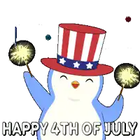 a penguin in an uncle sam hat is holding sparklers in front of fireworks and the words happy 4th of july