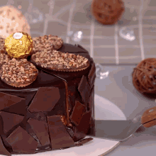 a chocolate cake with nuts on top and a ferrero rocher on top