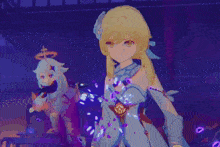a girl in a blue dress is standing in front of a purple light