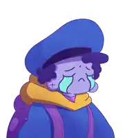 a cartoon character with a blue hat and a backpack is crying