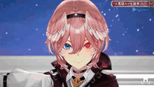 a close up of a girl with pink hair and blue eyes