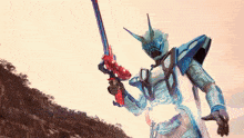 a robot is holding a red and blue sword in his right hand