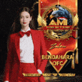 a woman in a red suit is standing in front of a banner that says ami association music of indonesian