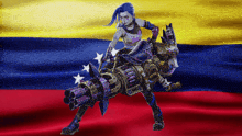 a woman with purple hair is holding a gun in front of a flag