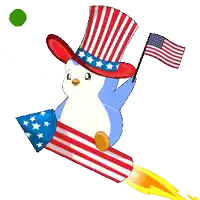 a penguin wearing an uncle sam hat is holding an american flag while riding a rocket