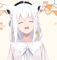 a cartoon character with white hair and black ears is smiling