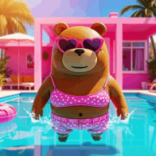 a teddy bear wearing heart shaped sunglasses is standing in a swimming pool in front of a pink house