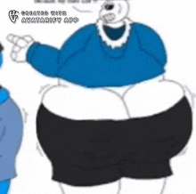 a cartoon character with a big belly is standing next to a smaller character .