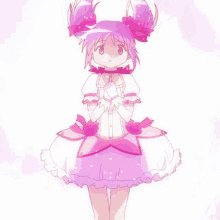 a girl with purple hair is wearing a pink dress with a star on it