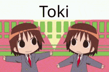 two cartoon characters are standing next to each other with the word toki written above them