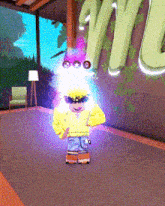 a person in a yellow sweater is standing in front of a sign that says ' welcome '