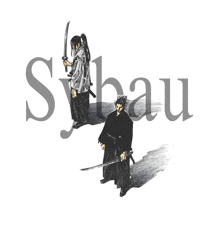 a black and white drawing of two samurai holding swords with the word syhau behind them
