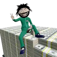 a cartoon character sitting on a pile of money with the number 001 on his shirt