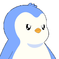 a blue and white penguin with a pink beak is looking at the camera