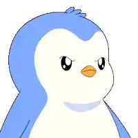 a blue and white penguin with a pink beak is looking at the camera