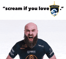 a bald man with a beard screams in front of a logo for valge brigade