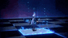 a video game character is standing on a checkered floor in a dark room
