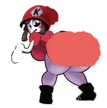 a cartoon character is wearing a red hat with a k on it