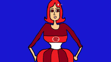 a cartoon of a woman with red hair and a red and white dress