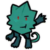 a drawing of a cat with red eyes and a green tail