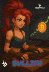 a poster for a game called bullish with a woman sitting at a desk