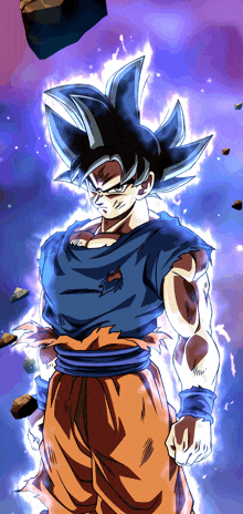 a cartoon character with a blue shirt and orange pants stands in front of a purple background