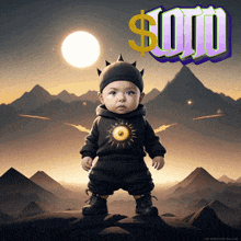 a baby wearing a black outfit and a hat with a dollar sign on it stands in front of mountains