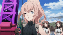 a girl with pink hair is holding a bottle with a label that says ' smirnoff ' on it