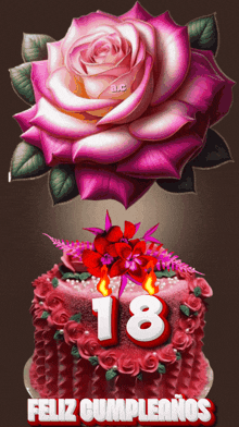 a birthday cake with the number 18 on it and a pink rose