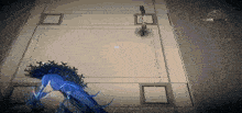 a woman with long blue hair is standing in a room