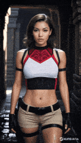 a woman in a crop top and shorts is standing in a dark alleyway with kling ai 1.6 written on the bottom