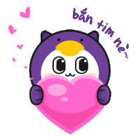 a penguin is holding a pink heart with the words ban tim he