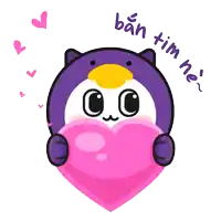 a penguin is holding a pink heart with the words ban tim he