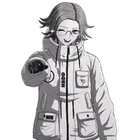 a black and white drawing of a person wearing a jacket that says hbdd on it