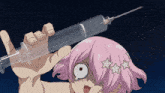 a cartoon girl with pink hair is holding a syringe