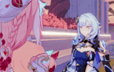 a girl with blue hair is standing next to a pink girl