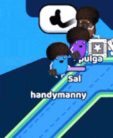 a cartoon character named handymanny is on a road