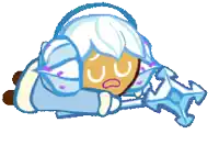 a cookie with white hair is laying on the ground holding a sword .