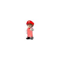 a cartoon character is wearing a red hat and pink overalls and giving a thumbs up