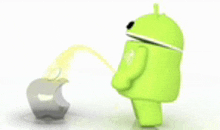 a green android urinating on an apple .